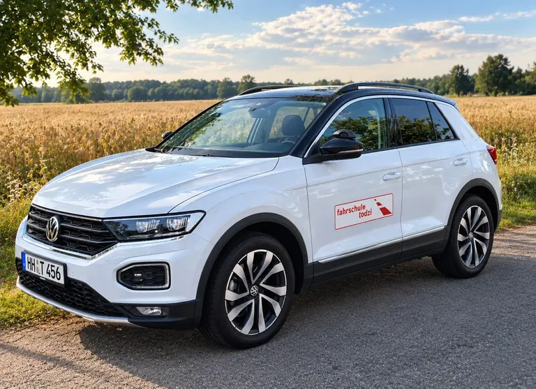Weißer VW T-Roc mit Schaltung der Fahrschule Todzi