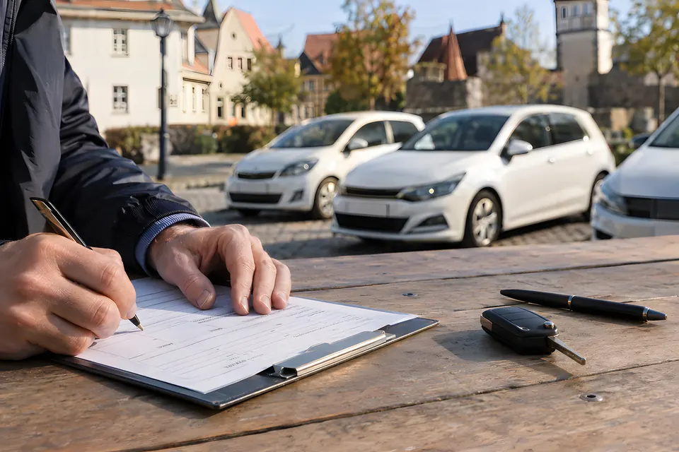 Hand füllt ein Formular auf einem Klemmbrett aus, daneben liegen Autoschlüssel und Stift