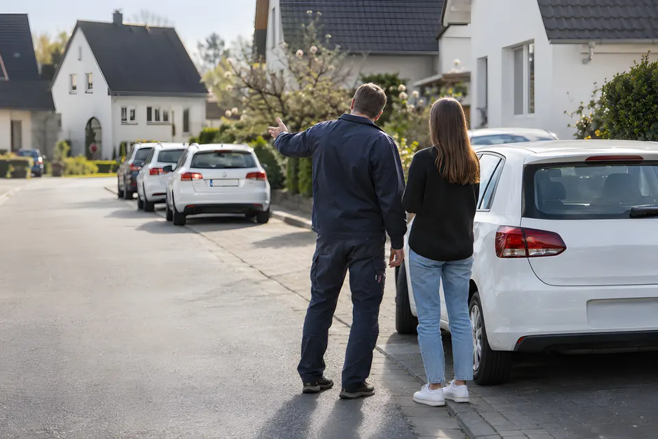 Fahrlehrer erklärt einer jungen Frau etwas auf der Straße neben weißen Fahrschulautos