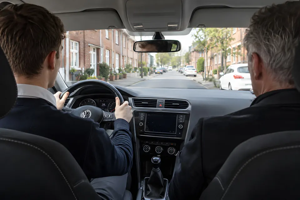 Blick von hinten auf Fahrschüler am Steuer und Fahrlehrer auf dem Beifahrersitz in einer Wohnstraße