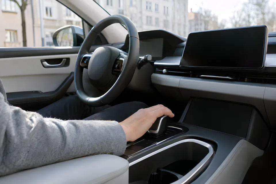 Hand am Wählhebel eines Automatikfahrzeugs, daneben Lenkrad und Bildschirm