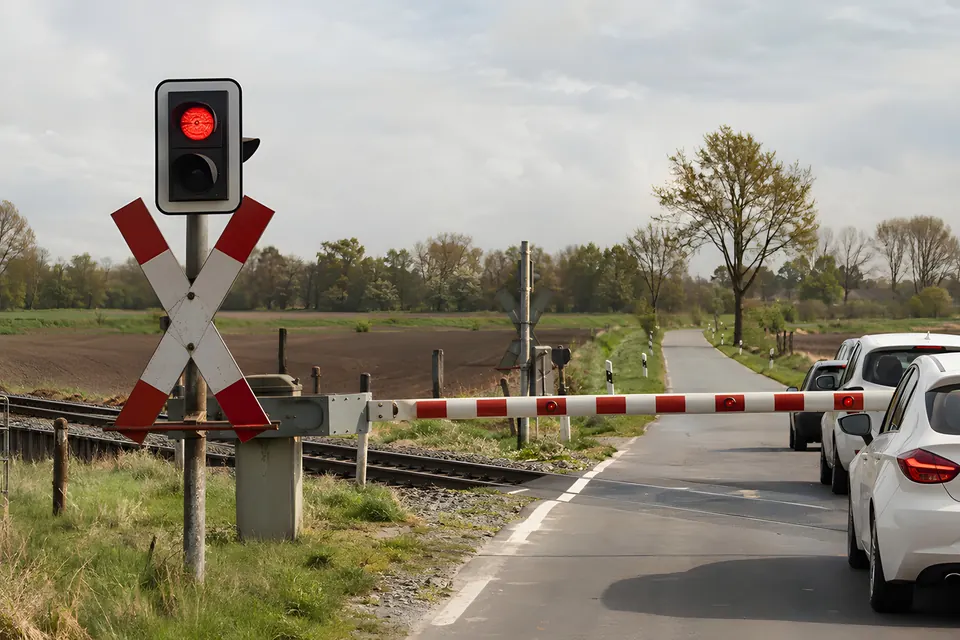 Stimmungsbild: Bahnübergang mit geschlossener Schranke, Andreaskreuz und wartenden Autos