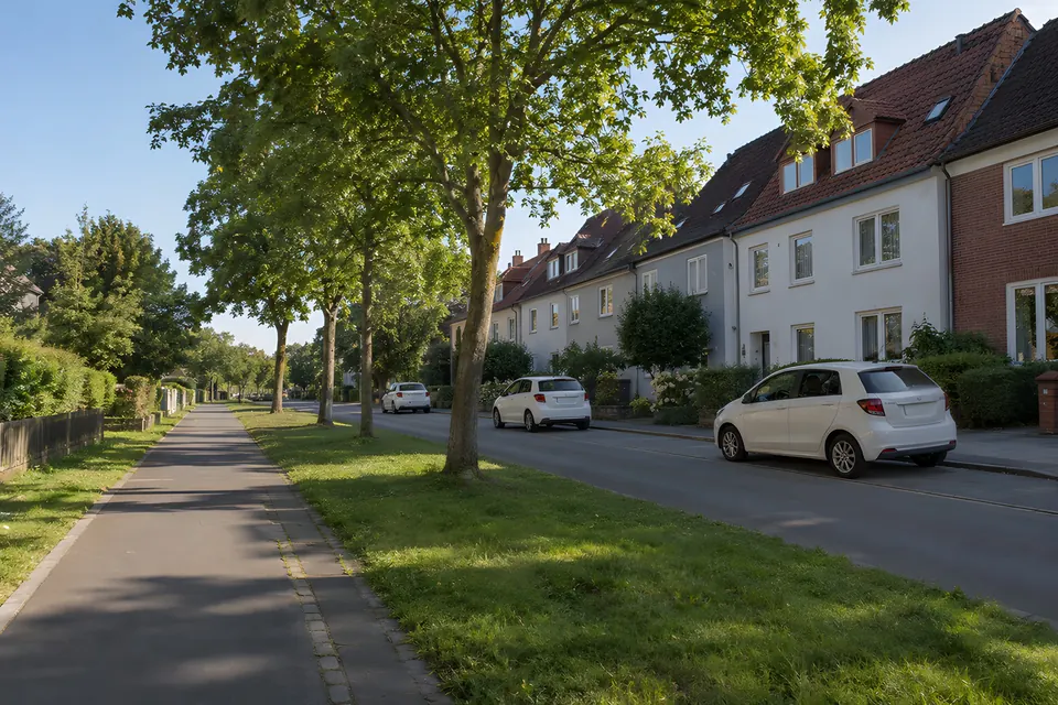Stimmungsbild: Straße mit Radweg, Laubbäumen, weißen Wohnhäusern und geparkten Autos im Sommer
